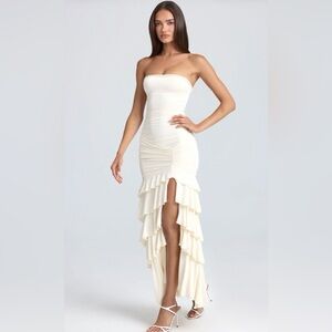 Oh Polly Bandeau Ruched Ruffle Trim Maxi Dress in Ivory